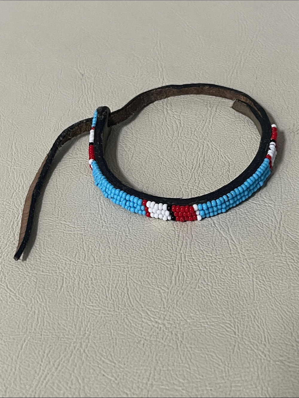 Beaded Leather Wrap adjustable Bracelet - Light Blue, Red & White